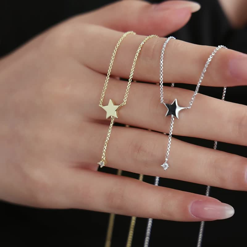 星星垂墜感鋯石純銀項鍊 - 項鍊 - 純銀 金色