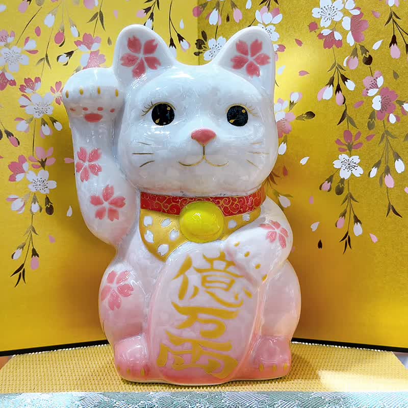 【桃皓聚財】日本清水燒招財貓 | 花結晶桃白 - 億万両 特大 右 - 擺飾/家飾品 - 瓷 白色