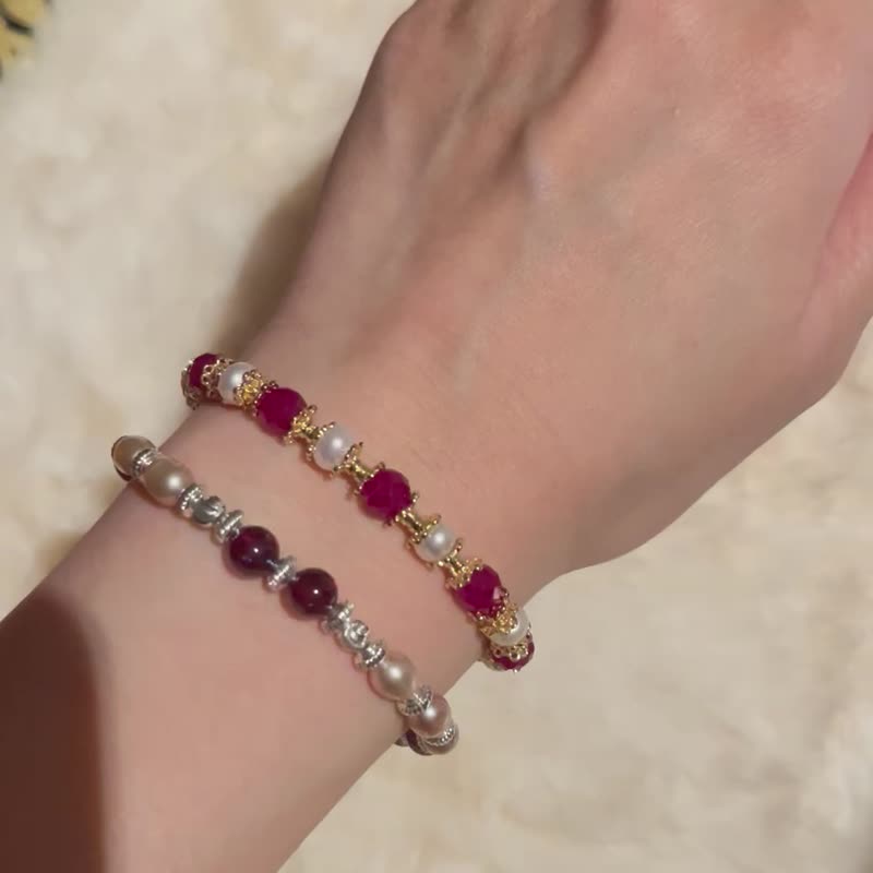 Red series - red Stone x purple freshwater pearl silver bracelet crystal - Bracelets - Copper & Brass Red