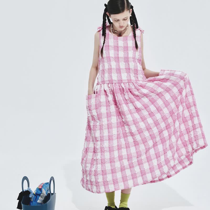 Pink seersucker sleeveless dress/skirt dress summer - One Piece Dresses - Other Materials Pink