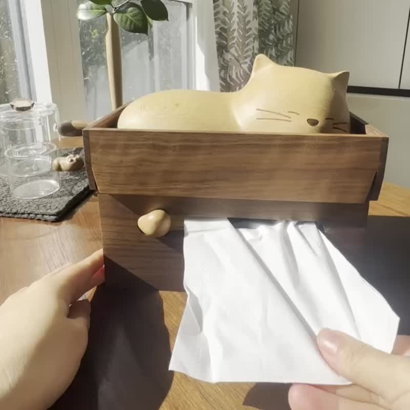 Meow stylish cute cat tissue box solid wood ornaments tissue box living room restaurant creative Christmas New Year gift - Tissue Boxes - Wood 