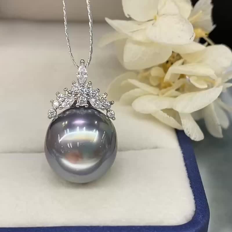 Cinderella natural seawater pearl Tahitian platinum gray Silver pendant necklace - Necklaces - Pearl Silver