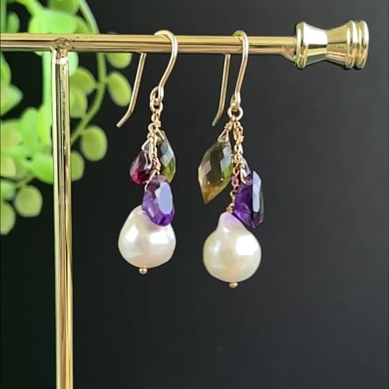 【14kgf】midnight glints – 大粒アコヤと天然石ピアス - 耳環/耳夾/耳骨夾 - 半寶石 多色