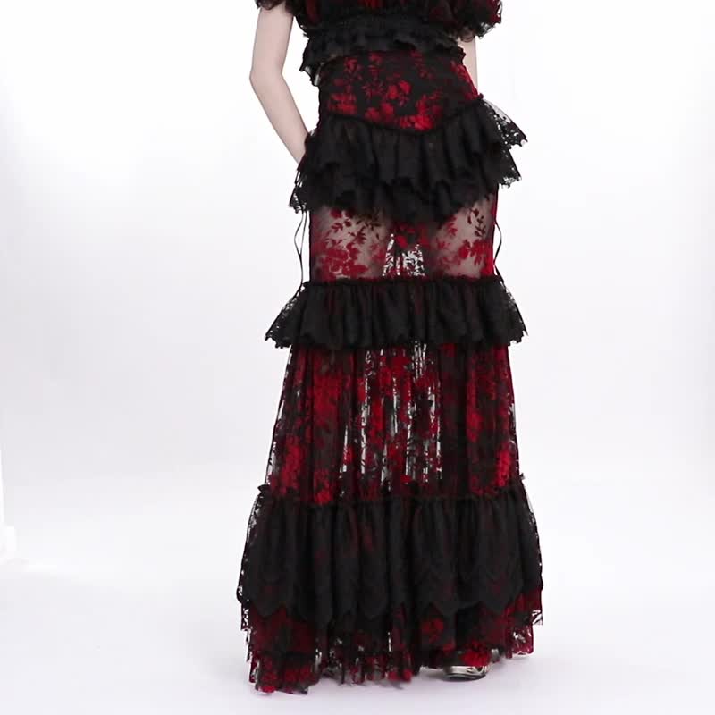 Castle Magician See-through Lace Skirt-Red/Black - Skirts - Other Materials Red