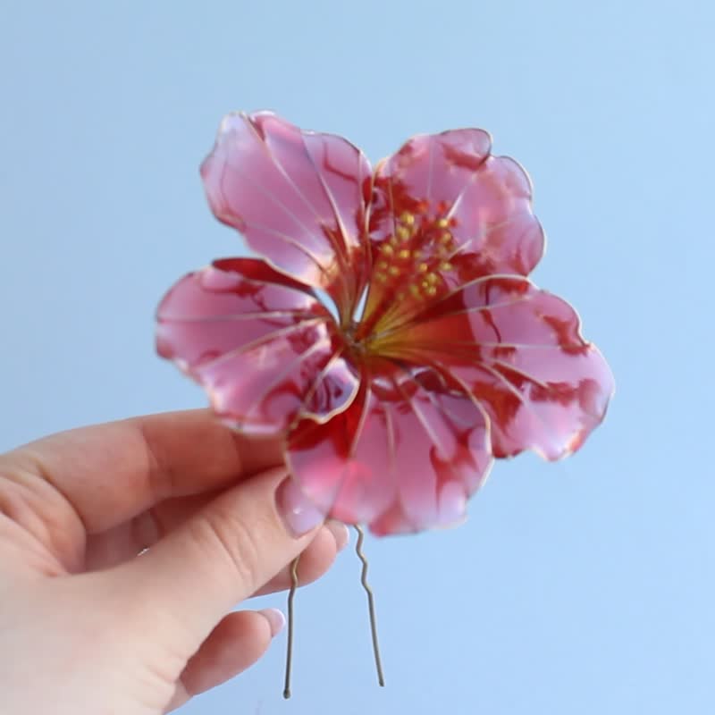 髮夾紅芙蓉 - 髮圈/髮夾 - 其他材質 紅色