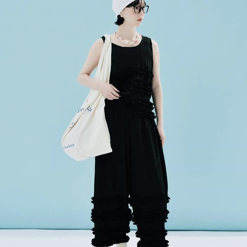 Black crinkled fabric lace casual pants/summer - กางเกงขายาว - วัสดุอื่นๆ สีดำ