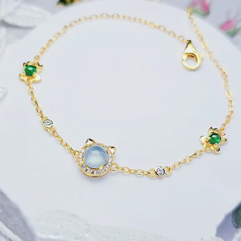 Welfare price | Lucky Cat | A-grade jade ice glass light blue jade egg surface 5mm sterling silver gold-plated small exquisite multi-bead bracelet - สร้อยข้อมือ - หยก 