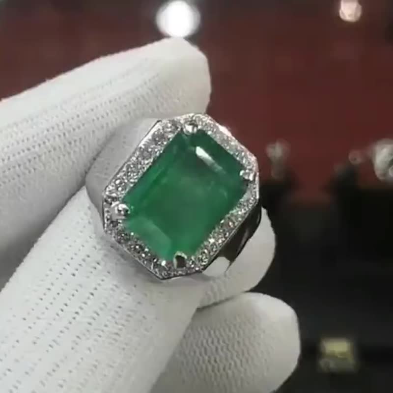 Emerald ring mens Natural Emerald 14k White Gold Diamond Ring Mens ring ring for - 戒指 - 寶石 綠色