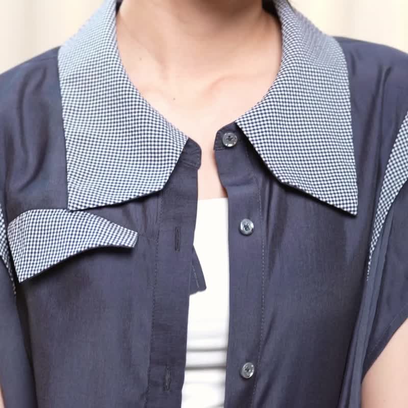 スタイリングパッチワークオーバーシャ​​ツ - わずかに光沢のあるグレー - シャツ・ブラウス - ポリエステル ブルー