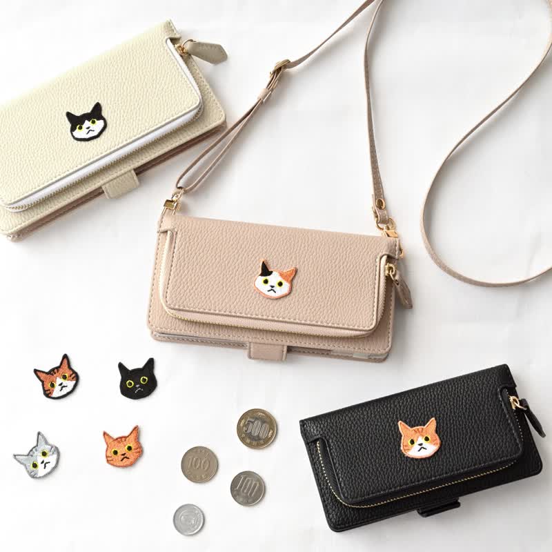Smartphone case for all models, notebook style [Coin case included, Simple cat patch] Smartphone shoulder bag A240I - เคส/ซองมือถือ - หนังแท้ สีดำ
