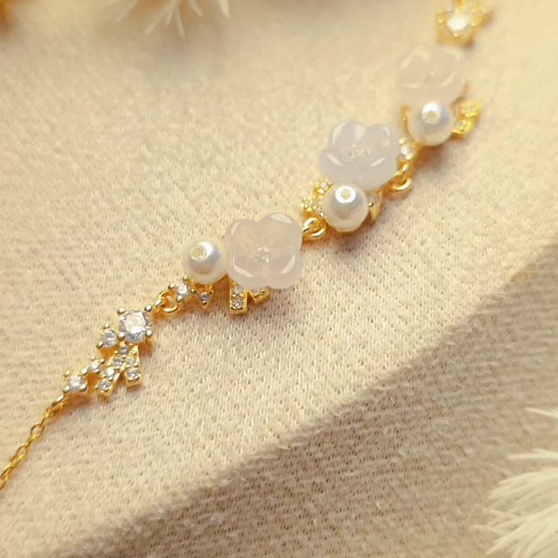 招財•貴人•好運|夢幻冰桂花|緬甸A貨翡翠純銀珍珠手鏈 - 手鍊/手環 - 玉石 多色