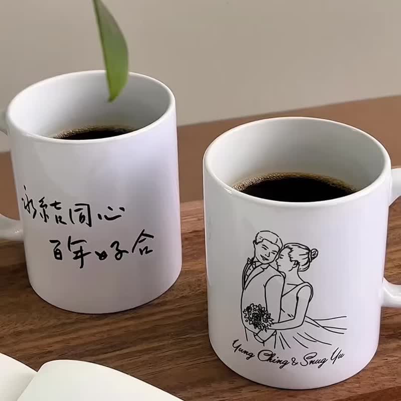 客製化禮物-彩色似顏繪馬克杯2入-先生太太對杯【加贈杯墊】 - 似顏繪/客製畫 - 陶 白色
