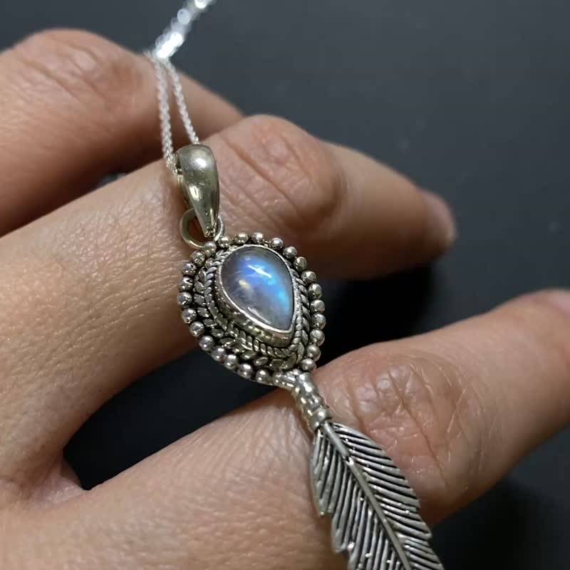 Moon Feather Wings natural moonstone pendant made in Nepal, 925 sterling silver, handmade - Necklaces - Semi-Precious Stones 