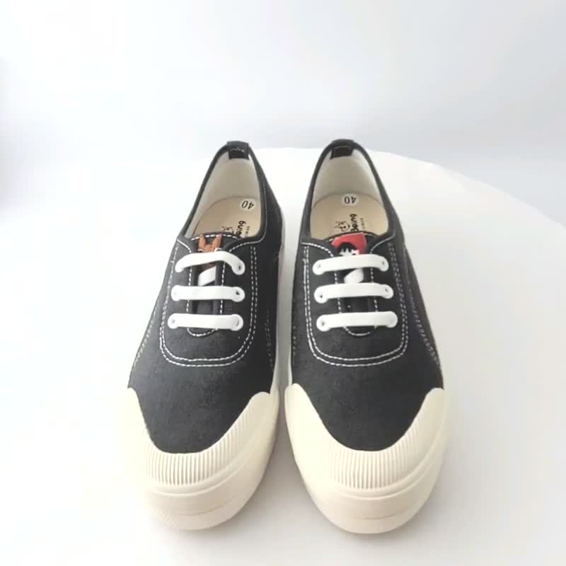 Three eyelet elastic BLACK platform shoes ( adult ) - รองเท้าลำลองผู้หญิง - ผ้าฝ้าย/ผ้าลินิน สีดำ