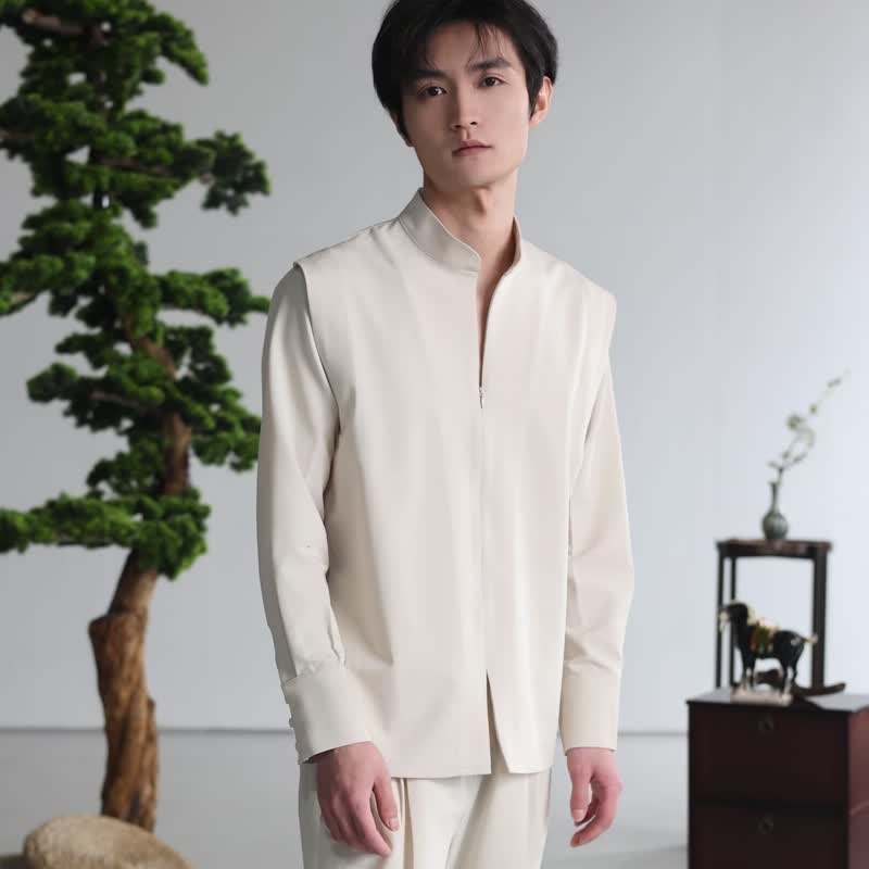 亂山昏 新中式國風立領飛袖假兩件隱形拉鏈前襟襯衫 春秋長袖日常 - 男襯衫/休閒襯衫 - 棉．麻 卡其色