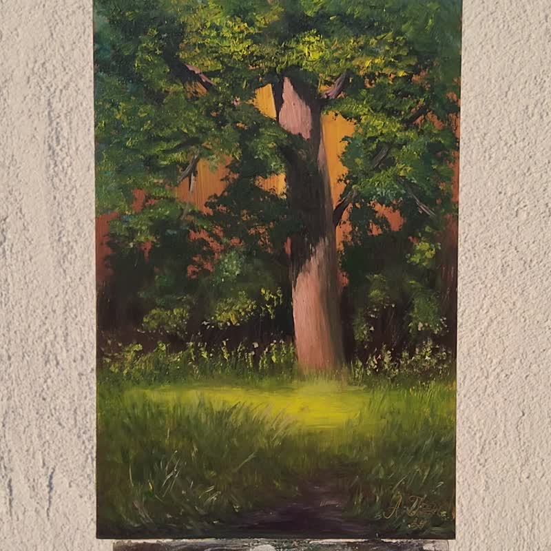 Oak Tree Painting Landscape Original Art Oak Scene Artwork Wisdom Tree Wall Art - วาดภาพ/ศิลปะการเขียน - วัสดุอื่นๆ 