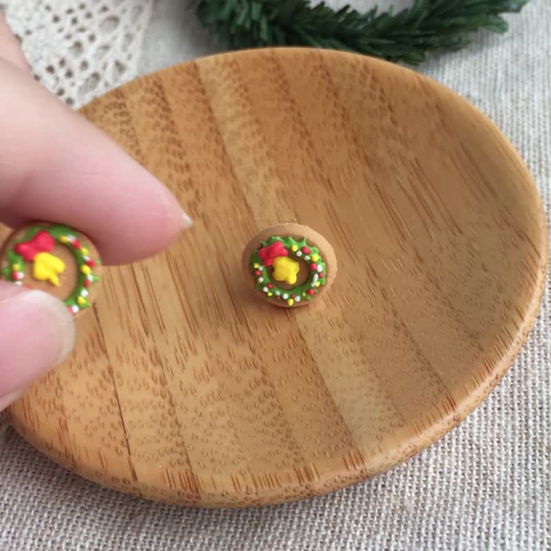 小糖霜薑餅--聖誕花圈 耳環 聖誕節 交換禮物 平貼 單支 - 耳環/耳夾/耳骨夾 - 黏土 橘色