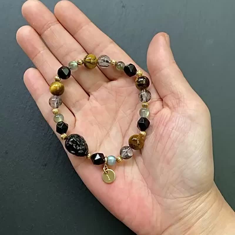 招財化太歲-金彼得石x灰月光x黑瑪瑙x黑髮晶x黑曜石龍龜黃銅手鍊 - 手鍊/手環 - 水晶 多色