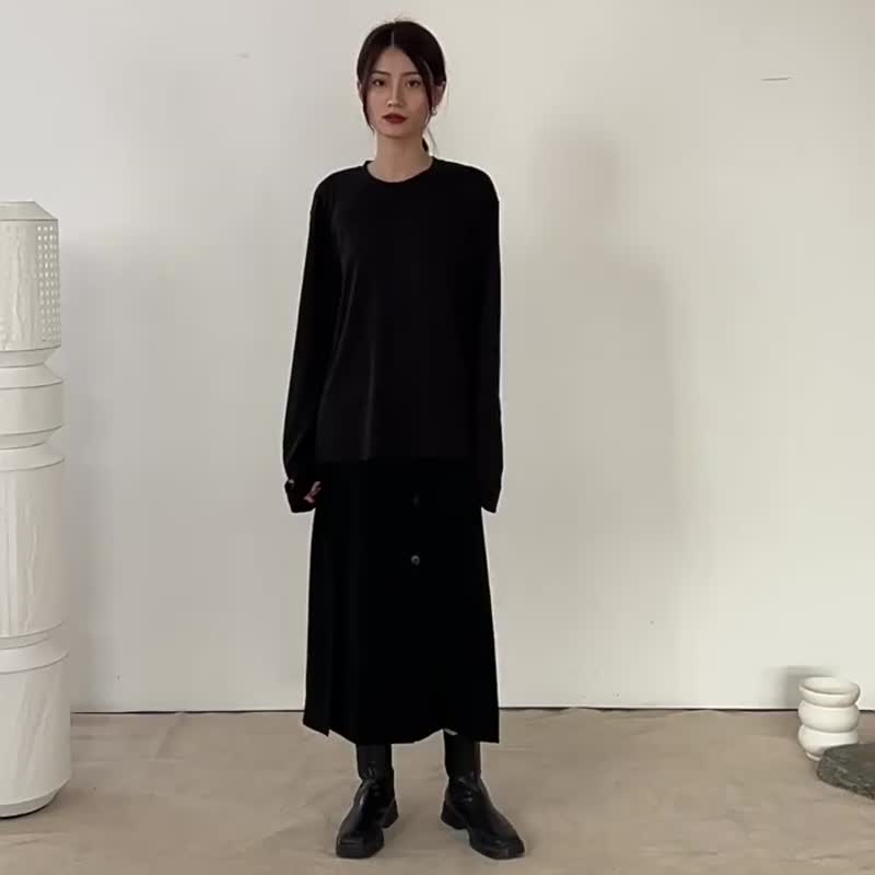 Black Commuter Versatile Universal Slit Button Skirt Full Cardigan Curved Waist Drape Good Wrinkle Resistant Black Technology - Skirts - Other Man-Made Fibers Black