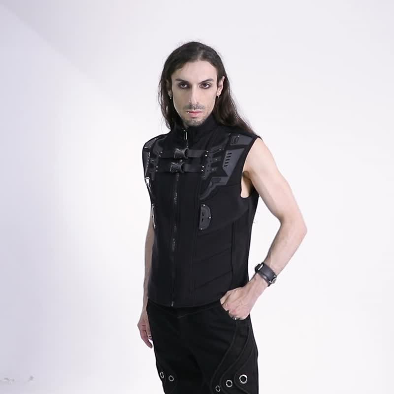 賽博龐克時空裂縫戰士馬甲 / 背心 / 無袖上衣 / 寬鬆版型 - 男背心 - 其他材質 黑色