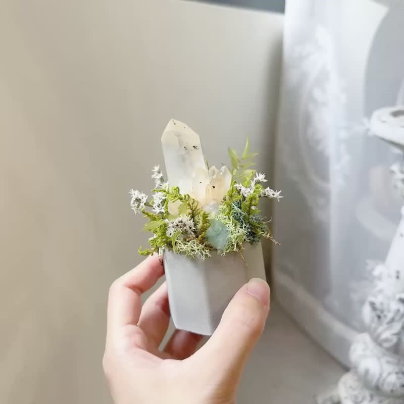 清透黃 白水晶簇-午後晚霞。永生葉材綠植栽 - 盆栽/植栽 - 水晶 白色