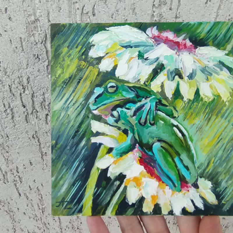 Frogs Painting Couple Frog Original Art Animal Wall Art Rain Small Artwork Oil - 海報/掛畫/掛布 - 其他材質 綠色