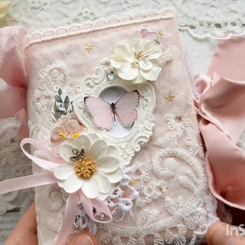 Pastel rose junk journal handmade blank Lace floral Elegant wedding notebook - 筆記本/手帳 - 紙 粉紅色