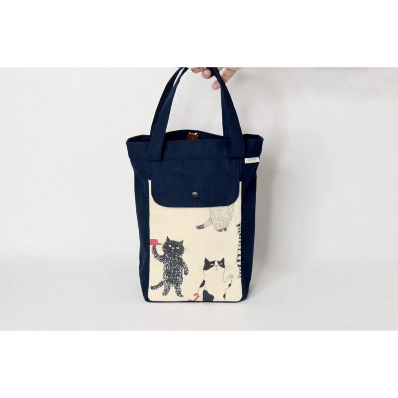 [Japanese cloth] Upright carry bag/handbag/drink bag #猫星人 - Handbags & Totes - Cotton & Hemp 