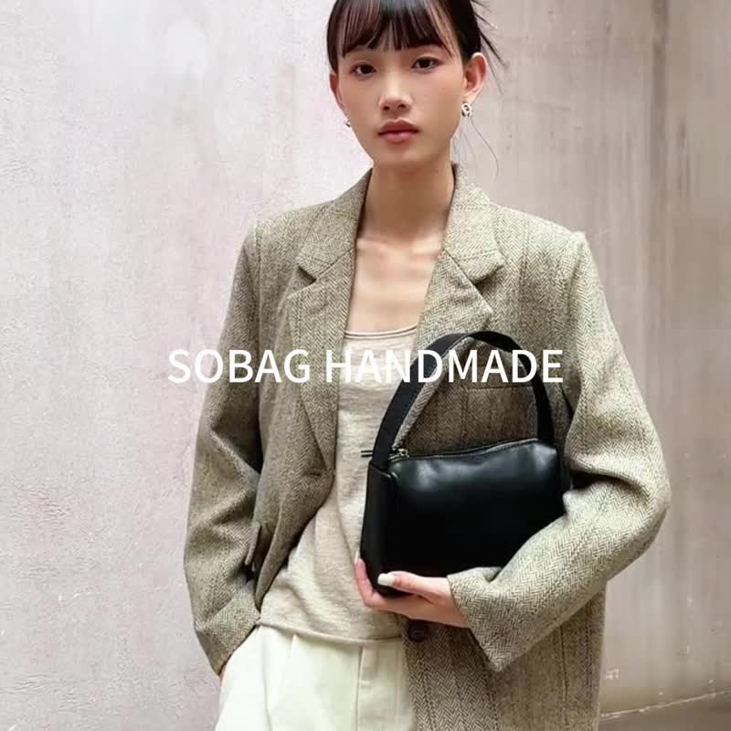 sobag簡約高級黑色牛皮手拎包女復古小眾日系可愛通勤手提小皮包 - 手提包/手提袋 - 真皮 黑色