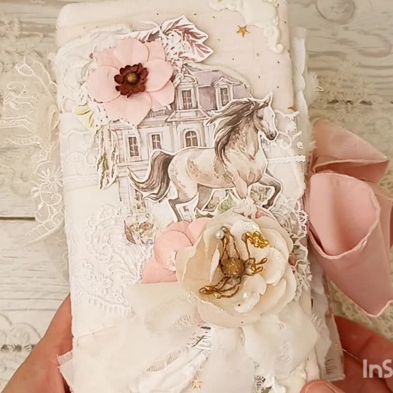 Garden Horse junk journal handmade Cottage rose notebook woman dairy - 筆記本/手帳 - 紙 粉紅色