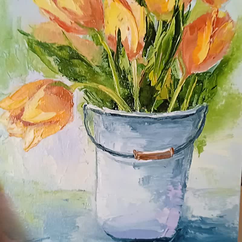 Tulips painting. Flower painting. Tulip wall art. Original art . Oil painting - 海報/掛畫/掛布 - 其他材質 橘色