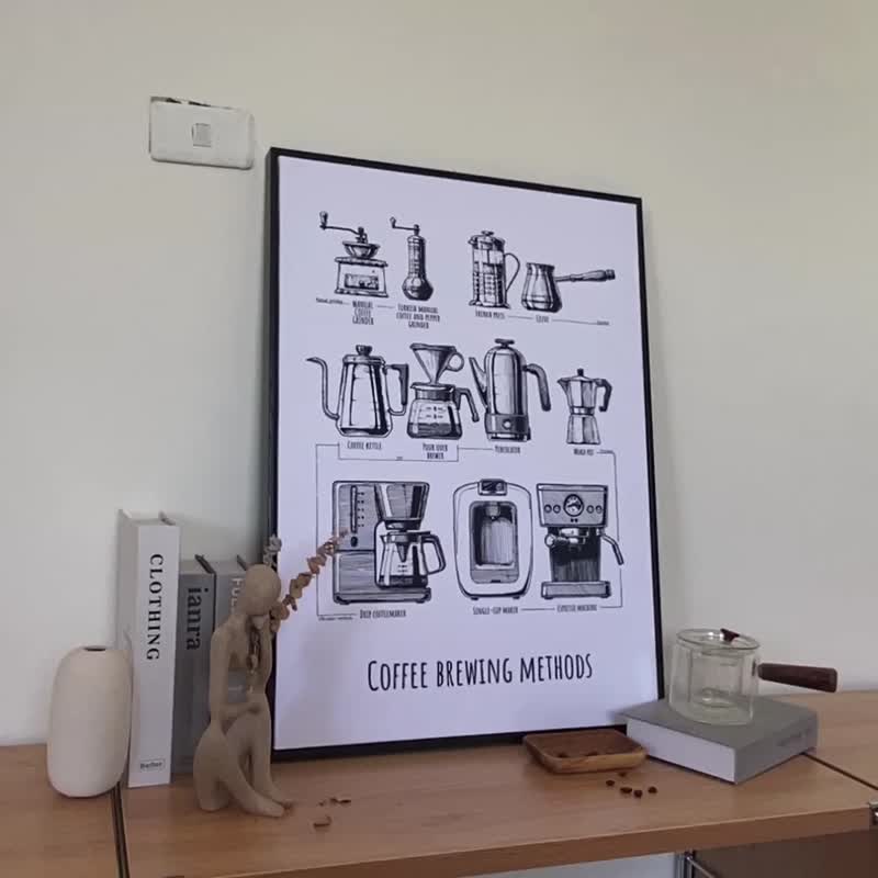 沖煮咖啡圖鑑-掛畫/咖啡廳/餐廳畫作/黑白/插畫/咖啡畫/北歐/cafe - 海報/掛畫/掛布 - 其他材質 多色