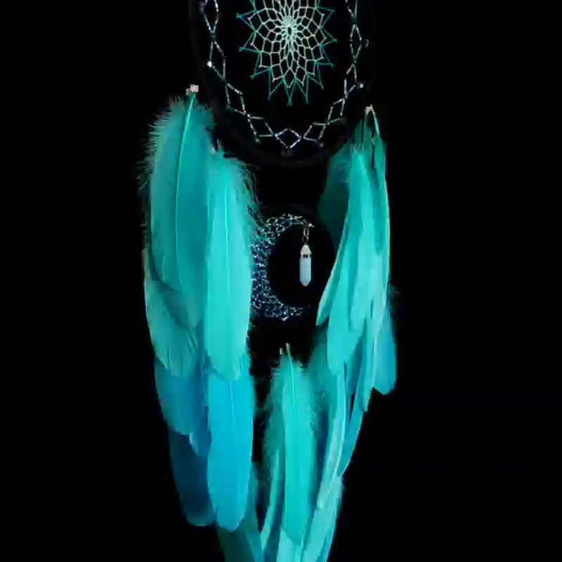 Large dream black mint dream catcher with moonstone crystal Crescent moon - ตกแต่งผนัง - งานปัก สีดำ