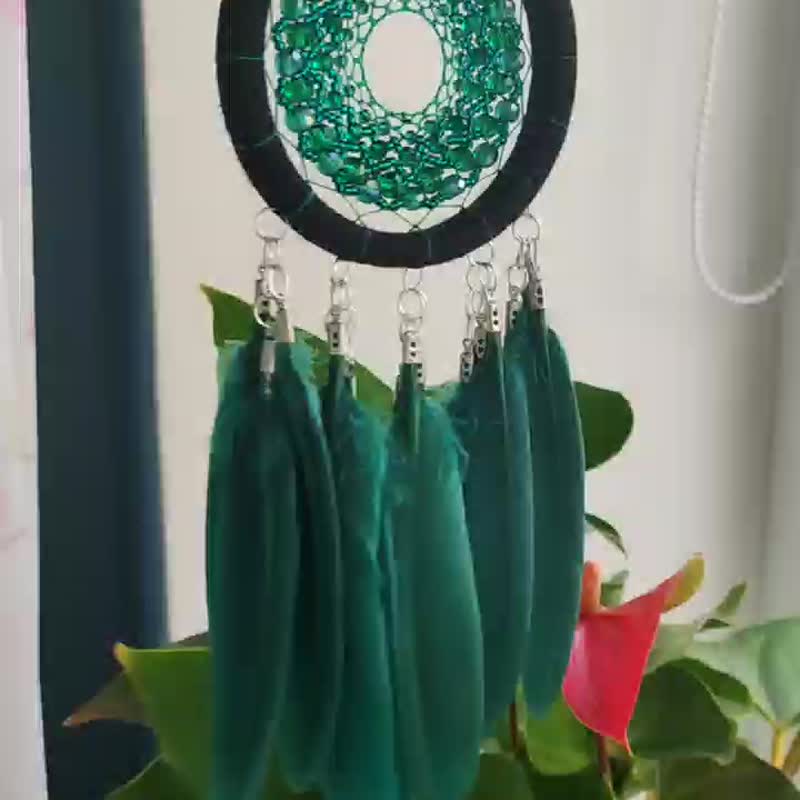 Bottle green dream catcher. Small dreamcatcher car rear view mirror size - Wall Décor - Glass Green