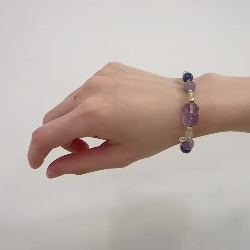 Amethyst Pixiu Bracelet // Purple Jade Blue Chalcedony Moonstone Bronze Crystal Brass Bracelet - Bracelets - Copper & Brass Purple