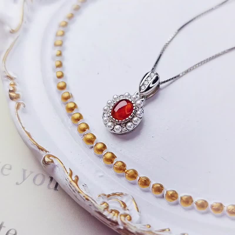 |Good Luck·Happiness|Myanmar A-quality jade natural unburned ice glass red jade egg surface sterling silver pearl pendant - สร้อยคอ - หยก 