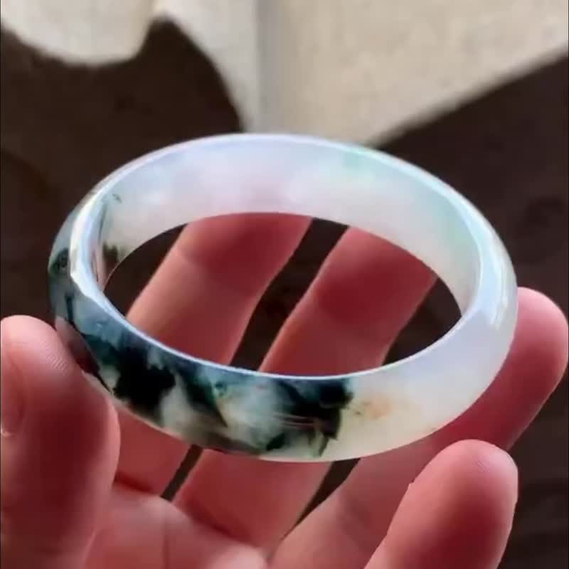 冰種翡翠天然翡翠玉鐲A玉手鐲 玉鈪 • 冰種墨花翡翠貴妃鐲 - 手鍊/手環 - 玉石 黑色