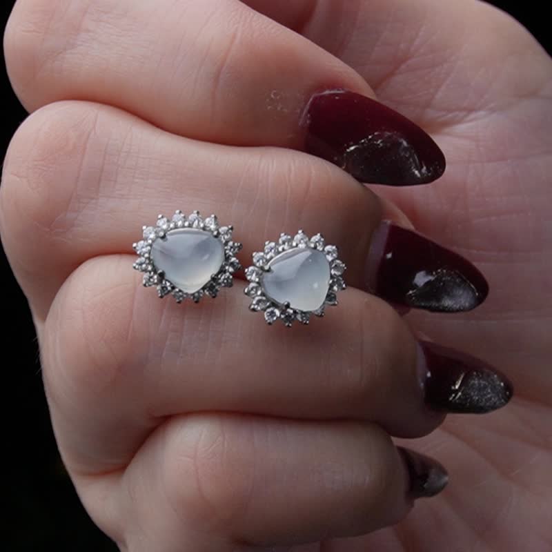 高冰種翡翠水滴耳釘 925純銀 | 天然緬甸玉A貨翡翠 | 送禮 - 耳環/耳夾/耳骨夾 - 玉石 透明