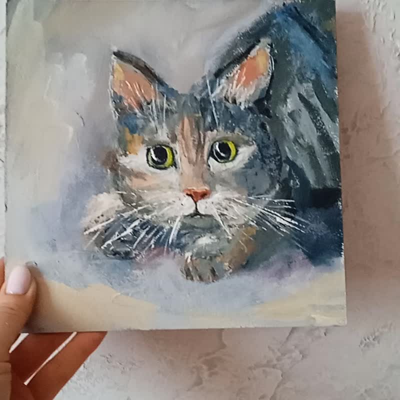 Gray cat painting Original art Oil painting Pet portrait painting 20*20cm - 海報/掛畫/掛布 - 其他材質 灰色