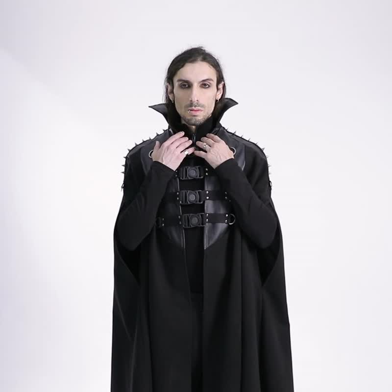 Punk Wild March Stand Collar Cape Jacket - Men's Coats & Jackets - Other Materials Black