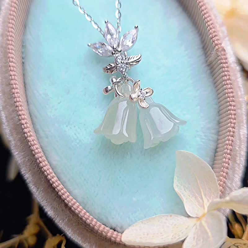 招財•平安•幸福|冰天藍•淡黃鈴蘭花|緬甸A貨翡翠純銀萬能扣 - 項鍊 - 玉石 