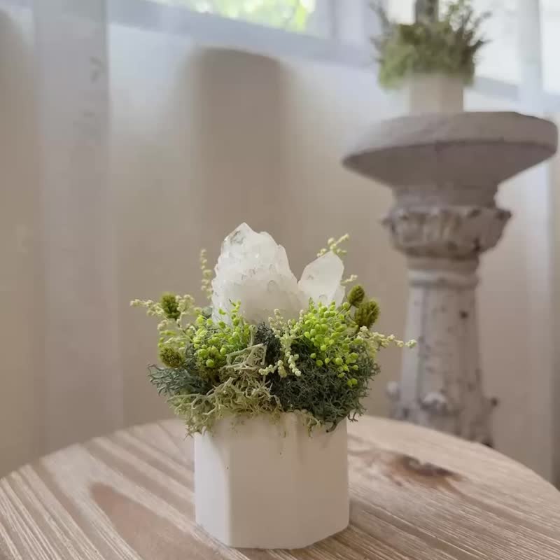 菠蘿白水晶簇-雙峰小雪山。永生葉材綠植栽 - 盆栽/植栽 - 水晶 白色