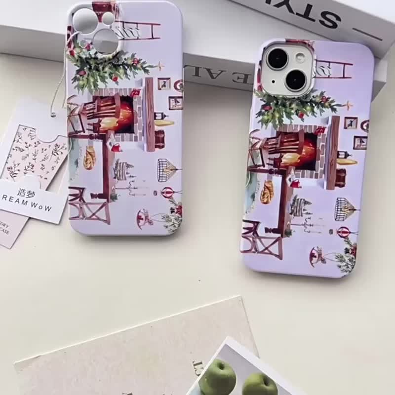 Winter Christmas dream-making original mobile phone case fireplace hand-painted French fashion style suitable for iPhone 15 Pro - Phone Cases - Other Materials 