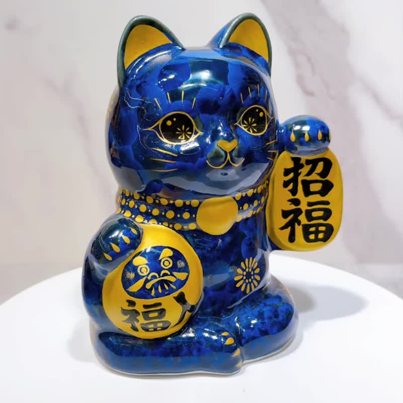 【青墨招福】日本清水燒招財貓 | 達摩花結晶 - 青墨招福 - 裝飾/擺設  - 瓷 藍色