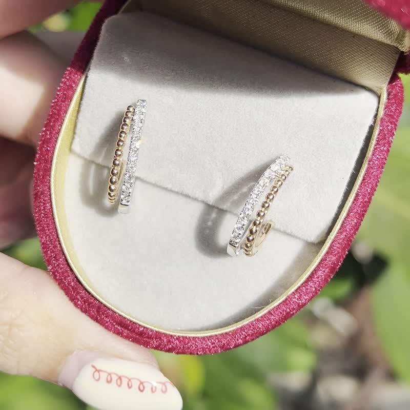 [French Chanson] 18K two-color wave bead diamond earrings with natural diamonds - ต่างหู - โรสโกลด์ สีเงิน