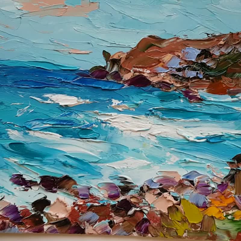Rocky Beach Oil Small Painting Original Seascape Artwork Seaside Wall Art - 掛牆畫/海報 - 其他材質 藍色
