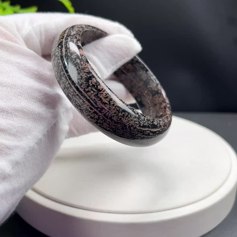 精美 雪花曜石手鐲 57MM 粉白花黑曜石手環 辟邪守護陰陽平衡淨化 - 手鍊/手環 - 半寶石 