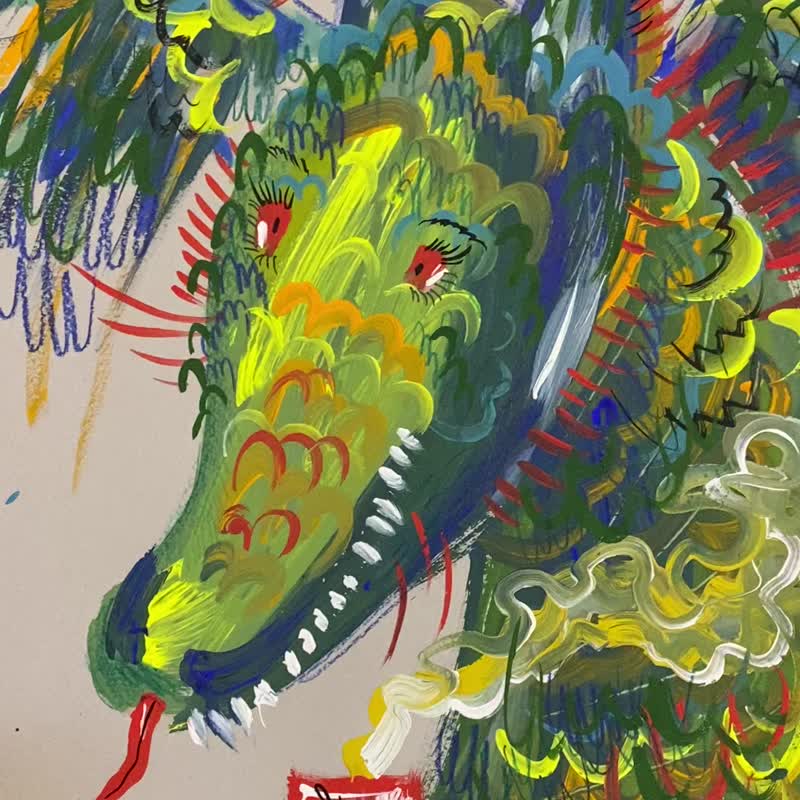 Dragon Painting Original Art Dinosaur with Coffee Art Fantasy Whimsical Painting - 壁貼/牆壁裝飾 - 紙 綠色