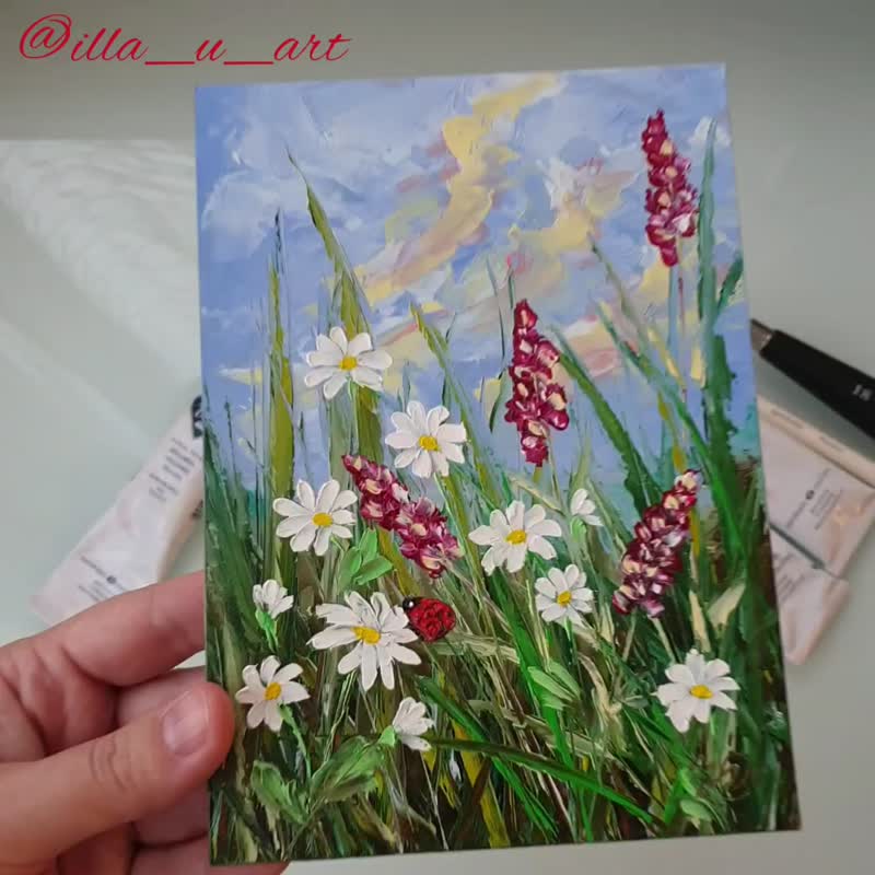 Daisy Painting Bluebonnet Original Art Wildflower Wall Art Ladybug Art Meadow - โปสเตอร์ - วัสดุอื่นๆ หลากหลายสี