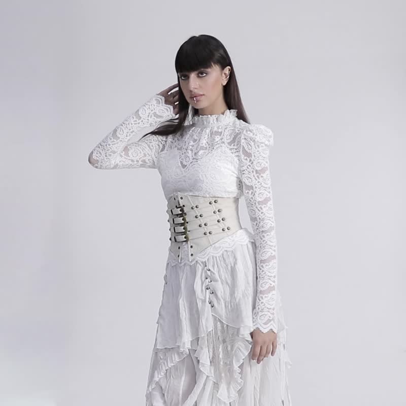 蒸汽龐克女巫復古魚骨腰封 - 黑 / 咖啡 / 白 - 皮帶/腰帶 - 其他材質 白色